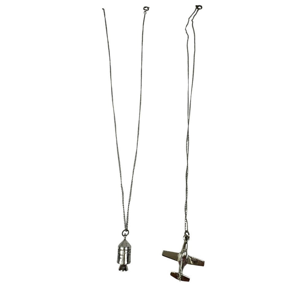 Vintage 2 Silver Color Necklaces Pendants - Airplane & Moon Landing Capsule